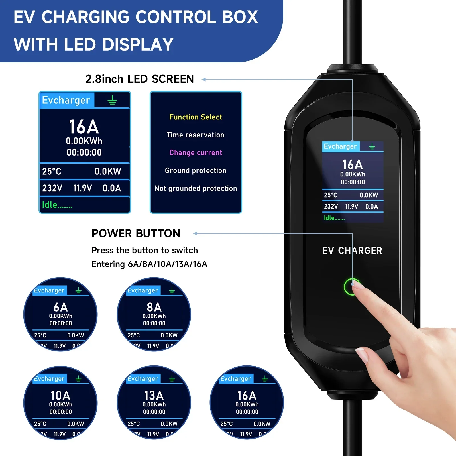 AFYEEV 3600W Portable Type1 SAE J1772 EV Charger GBT Electric Car Charger EVSE Charging Cable EU Plug WiFi Bluetooth APP Control