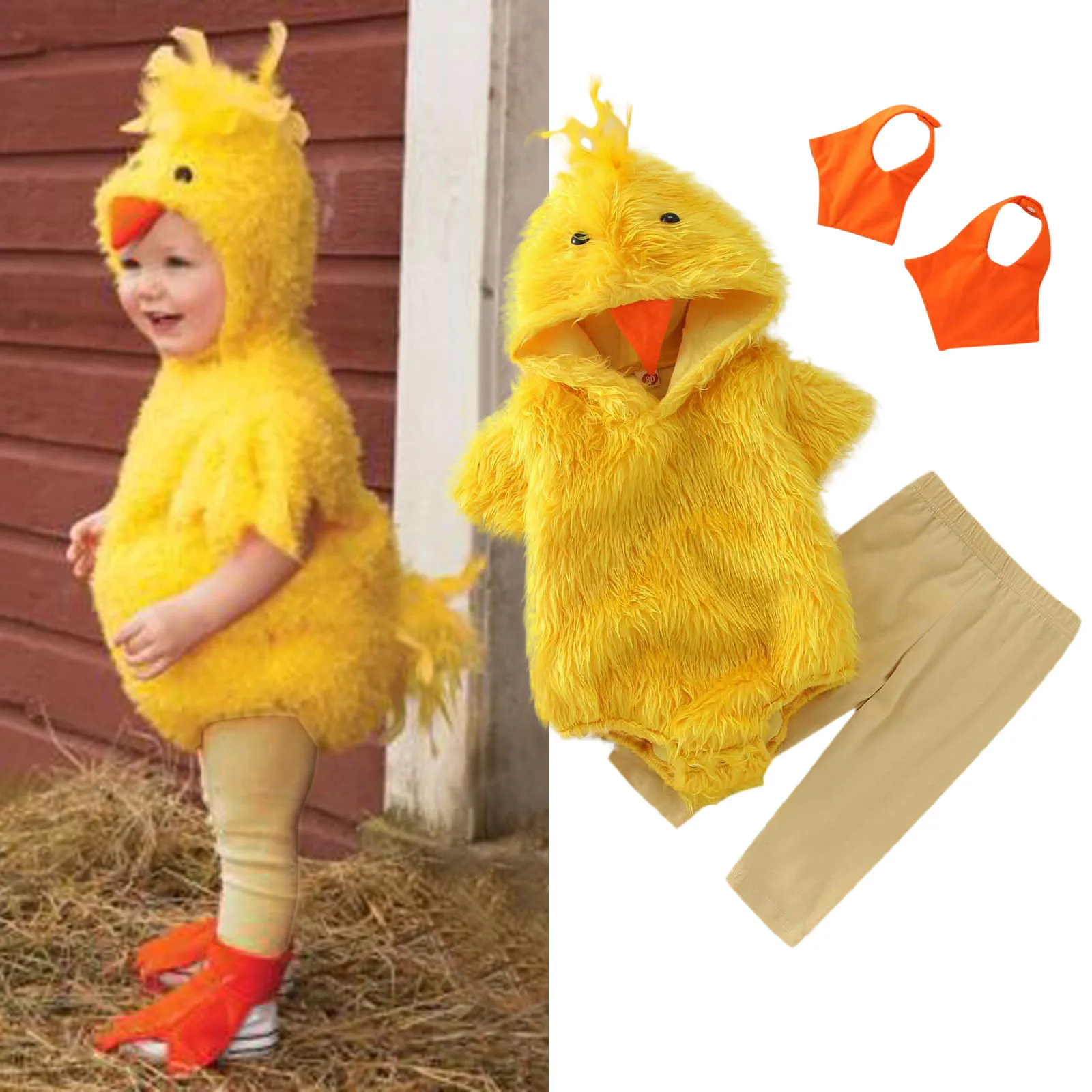 Frango do bebê Cosplay Costume, macacão com capuz, tops, calças, manga pé, recém-nascido, bebê, meninos, meninas, roupas, inverno, 0-24m