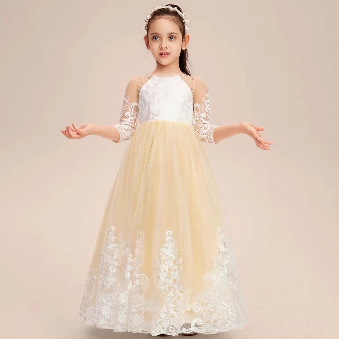 YZYmanualroom Lace Tulle Flower Girl Dress Linha A Scoop Pavimento-Comprimento 2-15T