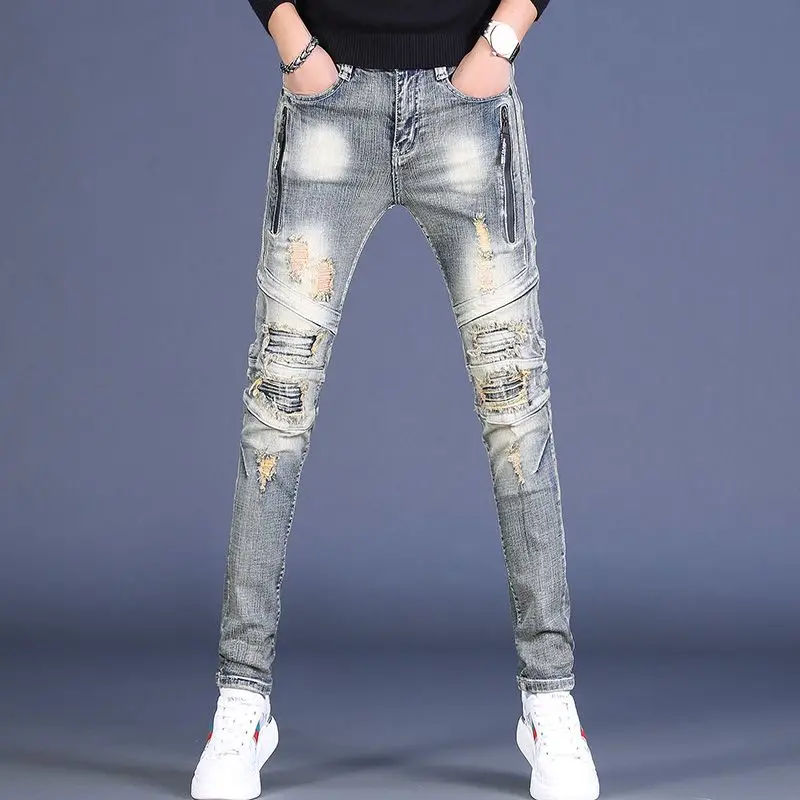 

Men's Clothing Spring and Autumn Fashion Brand Street Retro Biker Jeans Slim-fit Small Foot Ripped high quality Used Pants