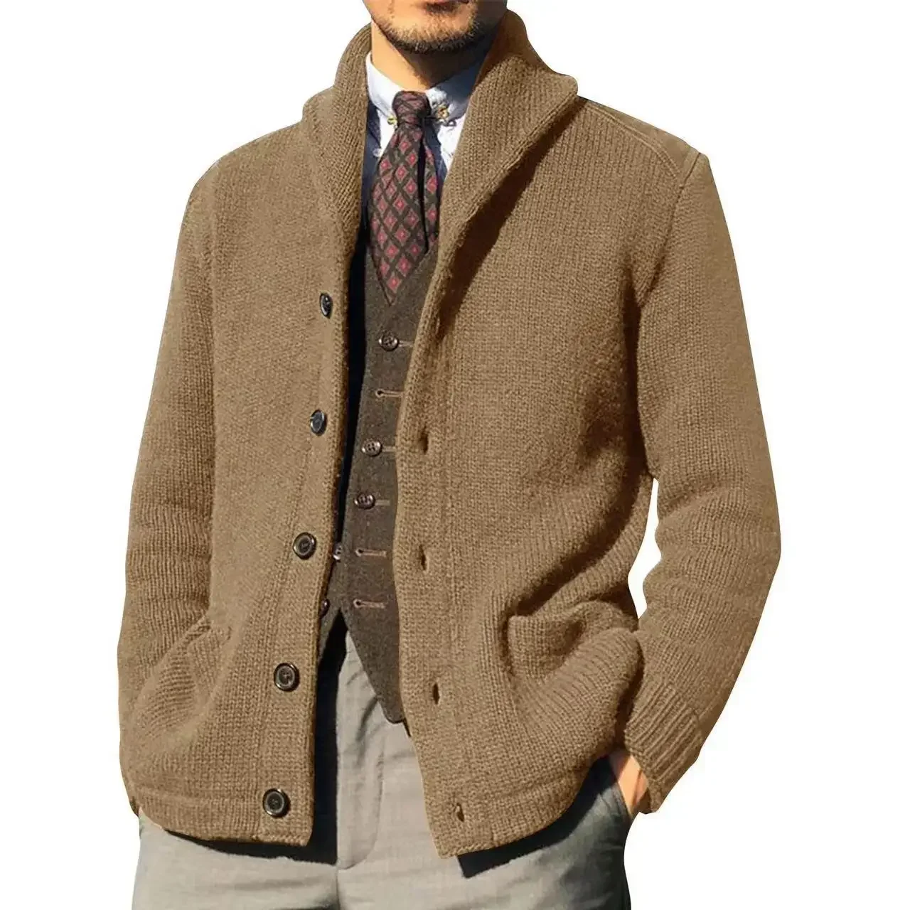 

Mens Shawl Collar Cardigan Cable Knit Button Casual Loose Fit Fleece Long Sleeve Chenille Coat With Pocket
