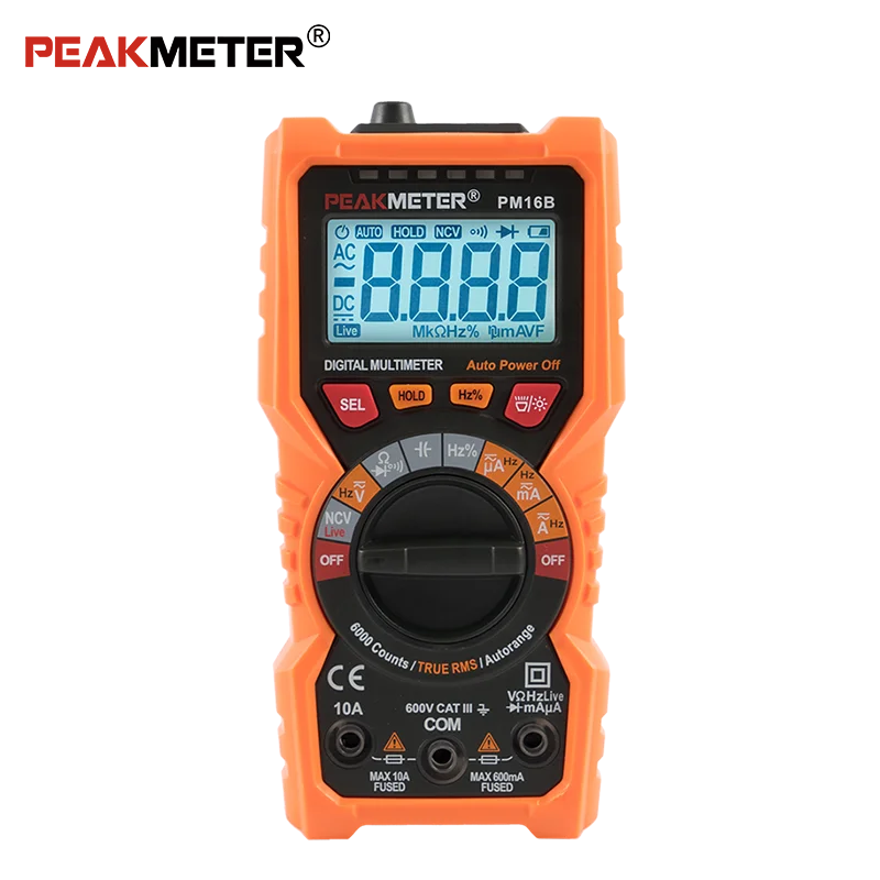 

Цифровой мультиметр Peakmeter PM16B с функцией NCV, измерением напряжения DC/AC до 600В, тока до 10А, сопротивления до 20М Ом и световой индикацией