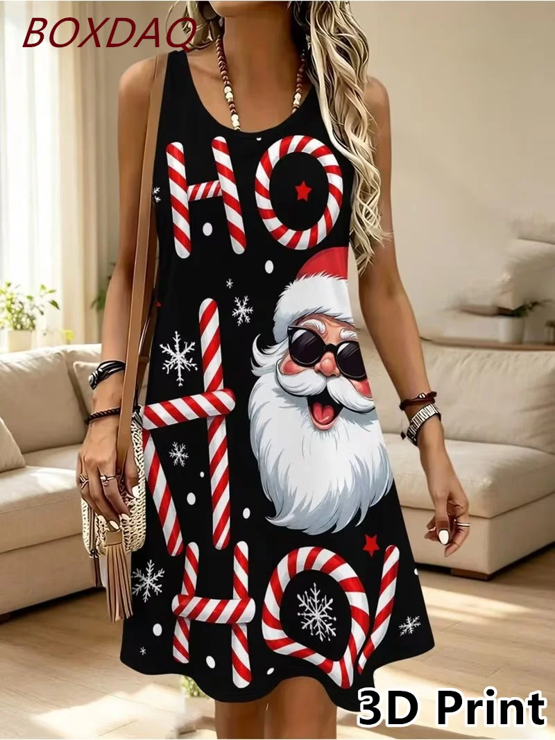 Christmas Pattern 3D Printed Women Dress Fashion Elegant Sleeveless O-Neck Loose Tank Dress Large Size Casual Summer Beach Dress