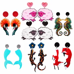 Lovely Acrylic Multi-Style Animals Drop Earrings for Women Cute Sheep Flamingo Mermaid Earring 2024 Trend Jewelry