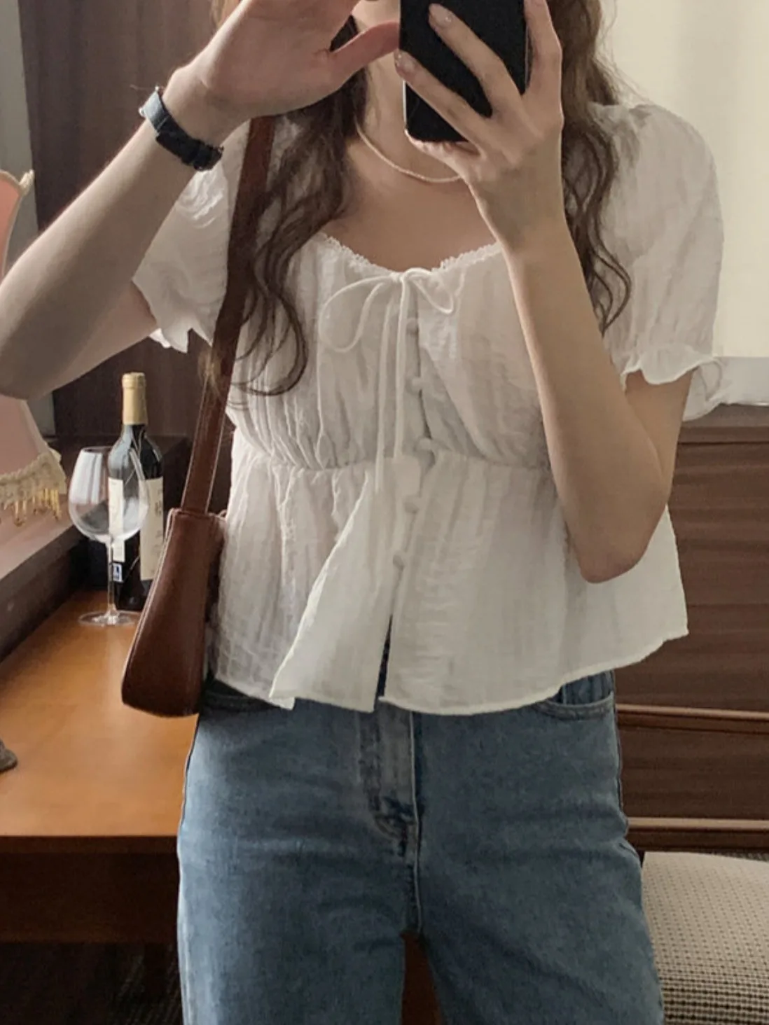 Elegante verano dulce simple diseño retro volante patchwork pajarita cuello cuadrado Bubble ort Sve irt mujer coreana Sle L...