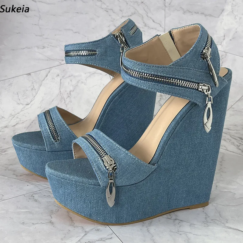 Sukeia Handmade Women Platform Sandals Zipper Wedges Heels Round Toe Beautiful Light Blue Party Shoes Ladies US Plus Size 5-20