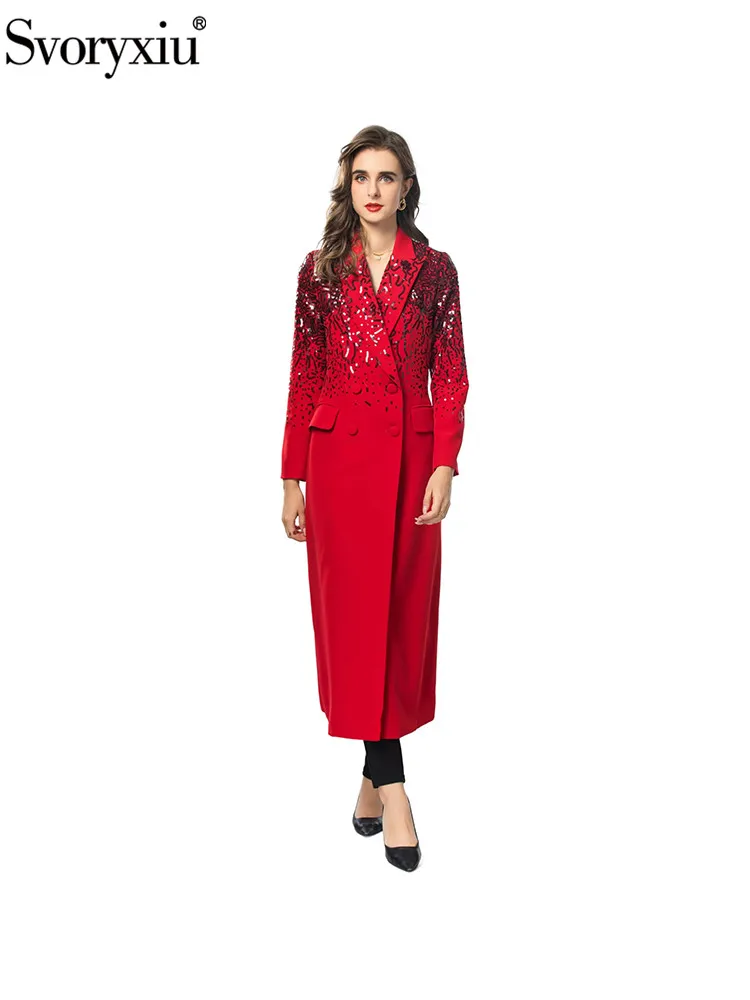 Svoryxiu Fashion Runway Winter Red Long Style Outerwear Women's Sequins Upside Down Collar Long Sleeve Fake Pocket A-Line Coat