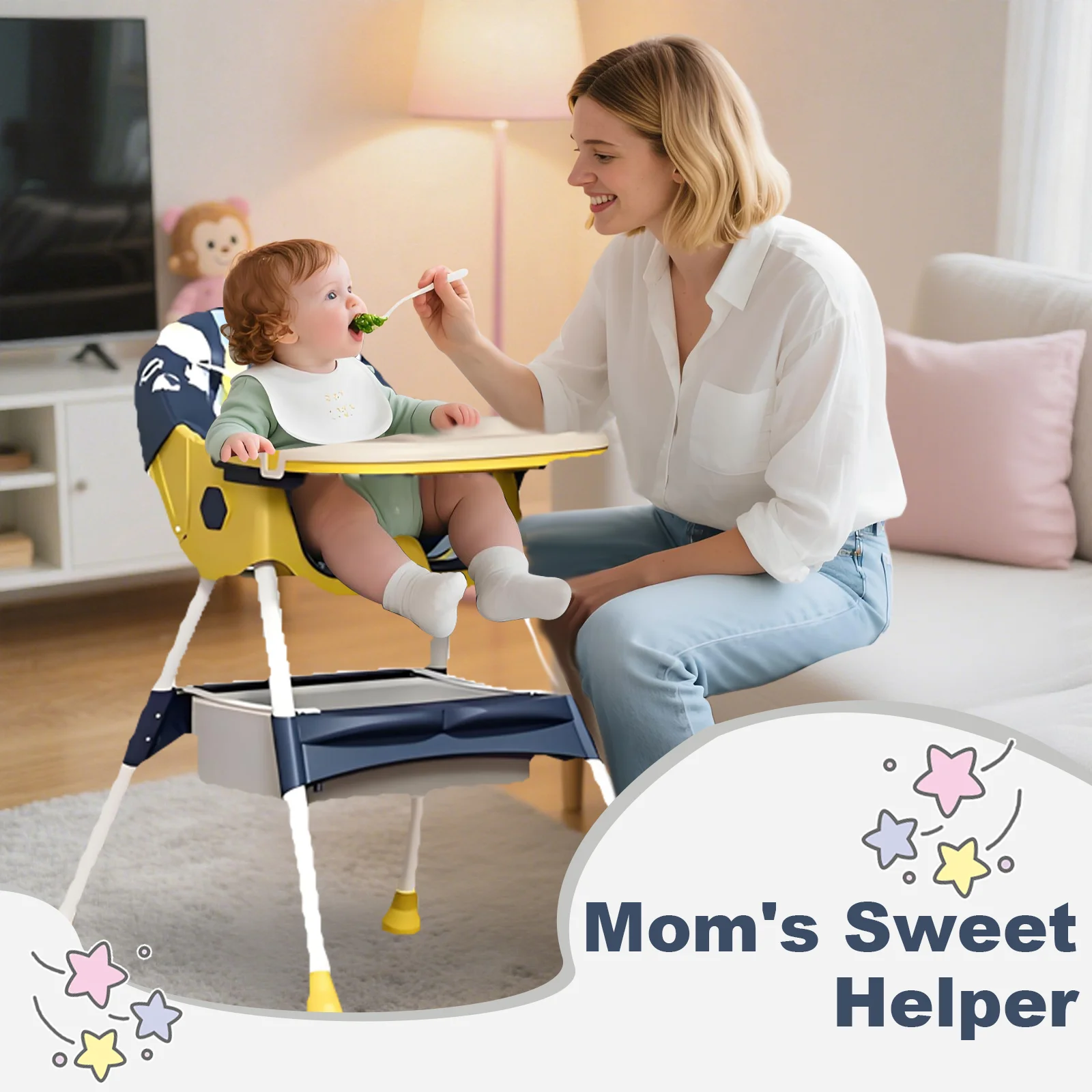 Foldable Baby High Chair with Double-Layer Dinner Plate and Toy Rack Eat & Play Convertible Dining Chairs For 6 Months Plus Baby