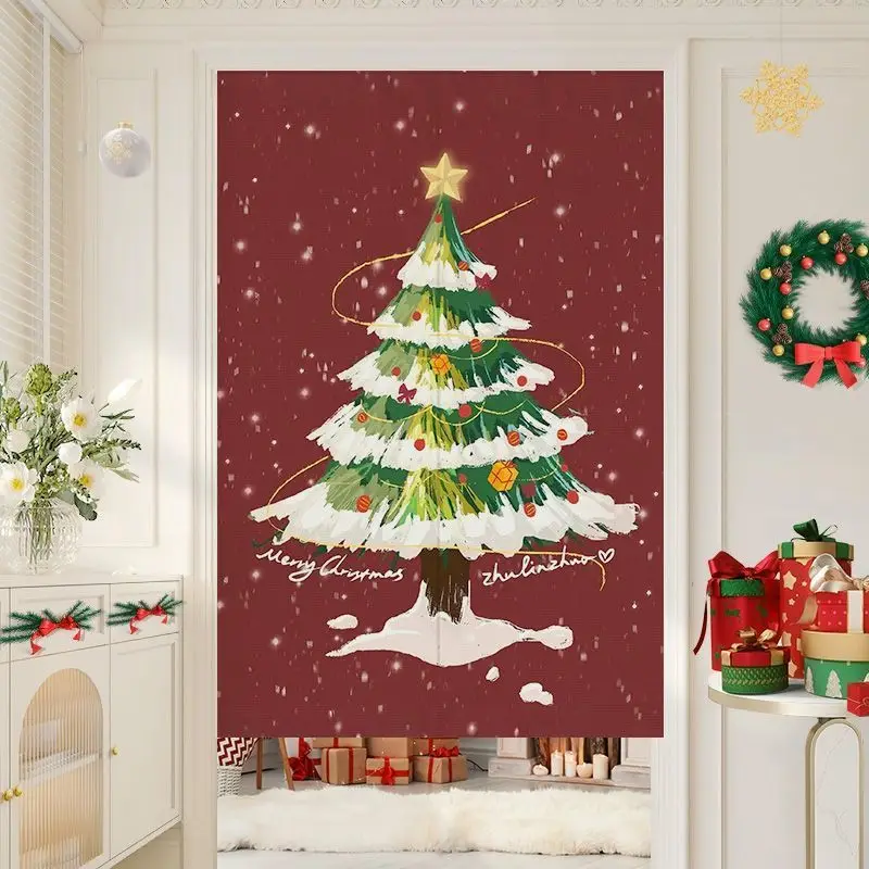 VIKAMA Christmas Blue Oil Painting Tree Door Curtain Night Sky Star Snowman Gift Candy Cane Bedroom Living Room Dorm Home Decor