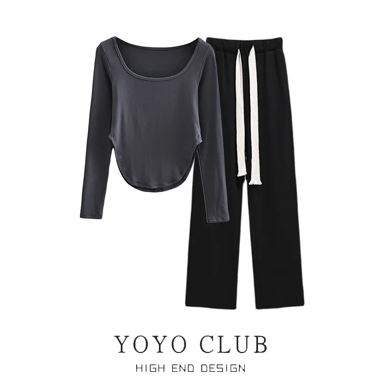 

Chic Asymmetrical Long Sve T-irt And High Waist Wide Leg Pants Two Piece Set for Women Cotton Spring Faion Ensemble