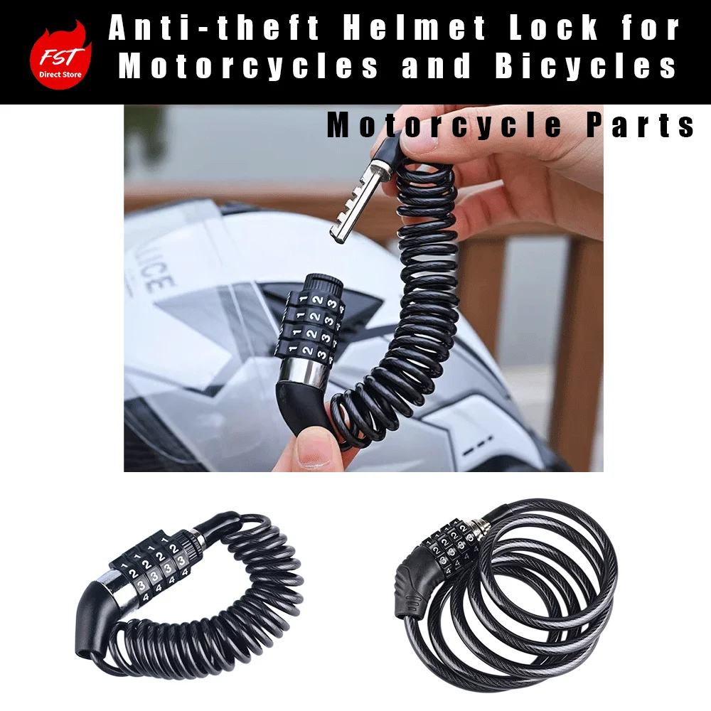 Retractable Steel Cable Helmet Lock, Password Anti-Theft Lock for Motorcycle & Bicycle, Cow Pattern Combination Lock Head
