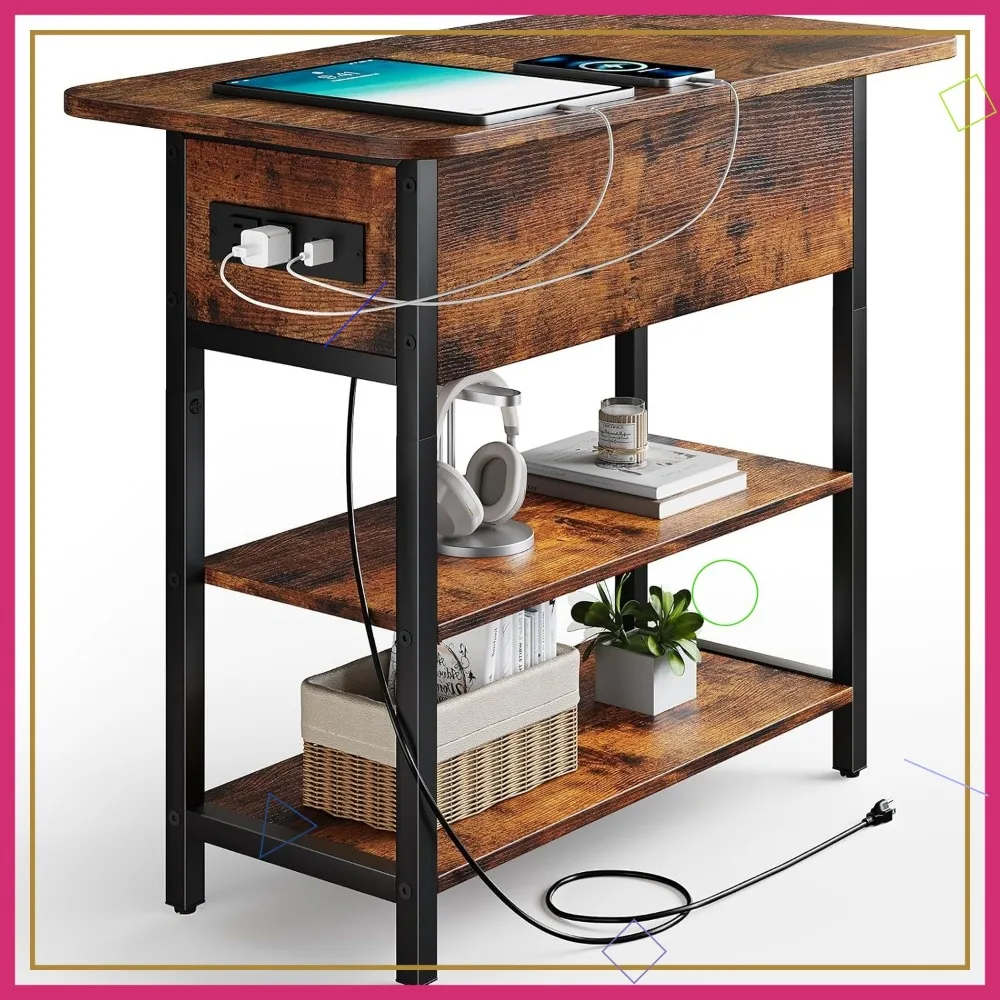 

Flip Top Side Table with USB Charging Station, AC Outlets, and Storage Shelves for Living Room Bedroom