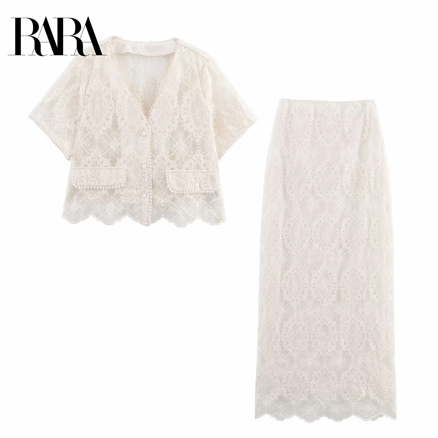 

RARA2025 new summer women's casual fashion simple V-neck short-sleeved mesh embroidered top + straight long skirt