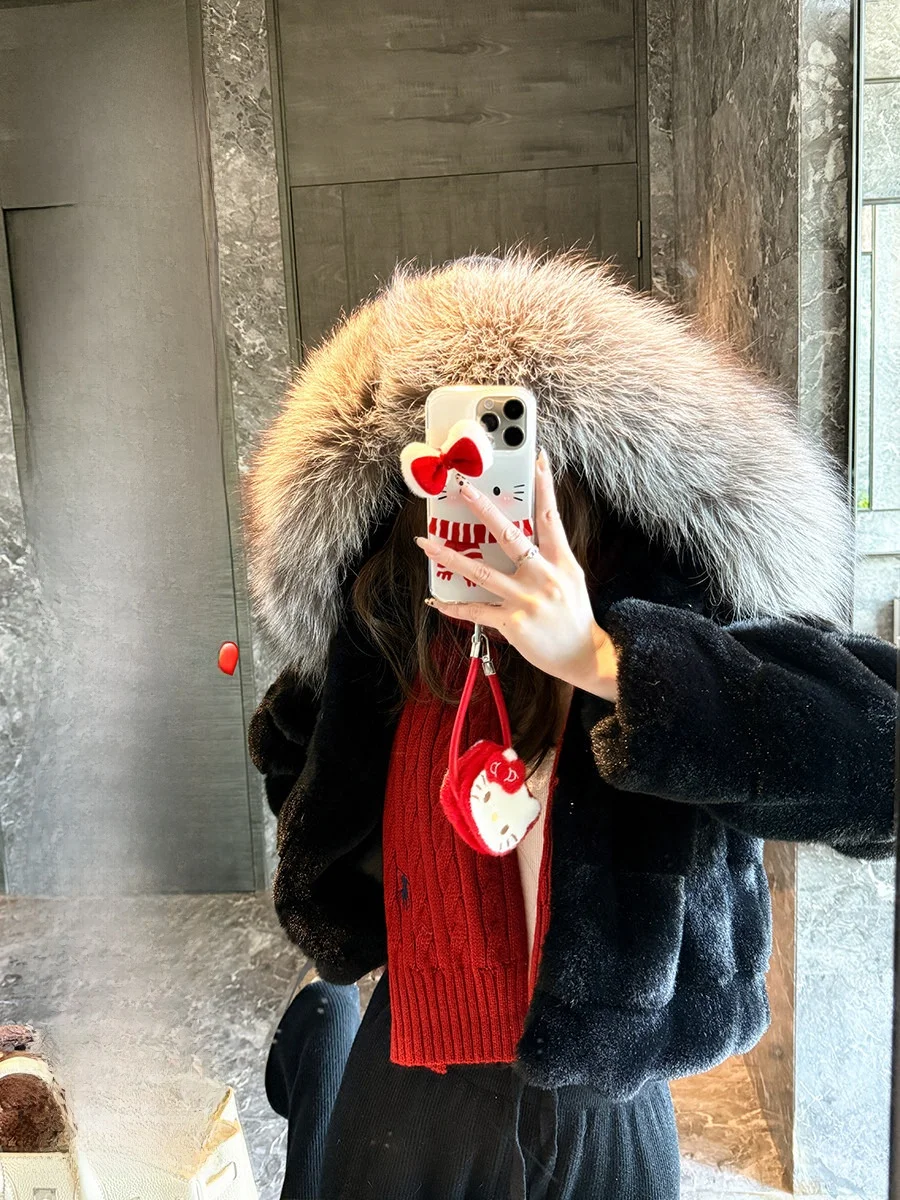 

NAOAO Blaberry 2024 Winter Thiened Real Fur Collar Fake Mink ort Coat Women's Outerwear Faion Luxury Leather