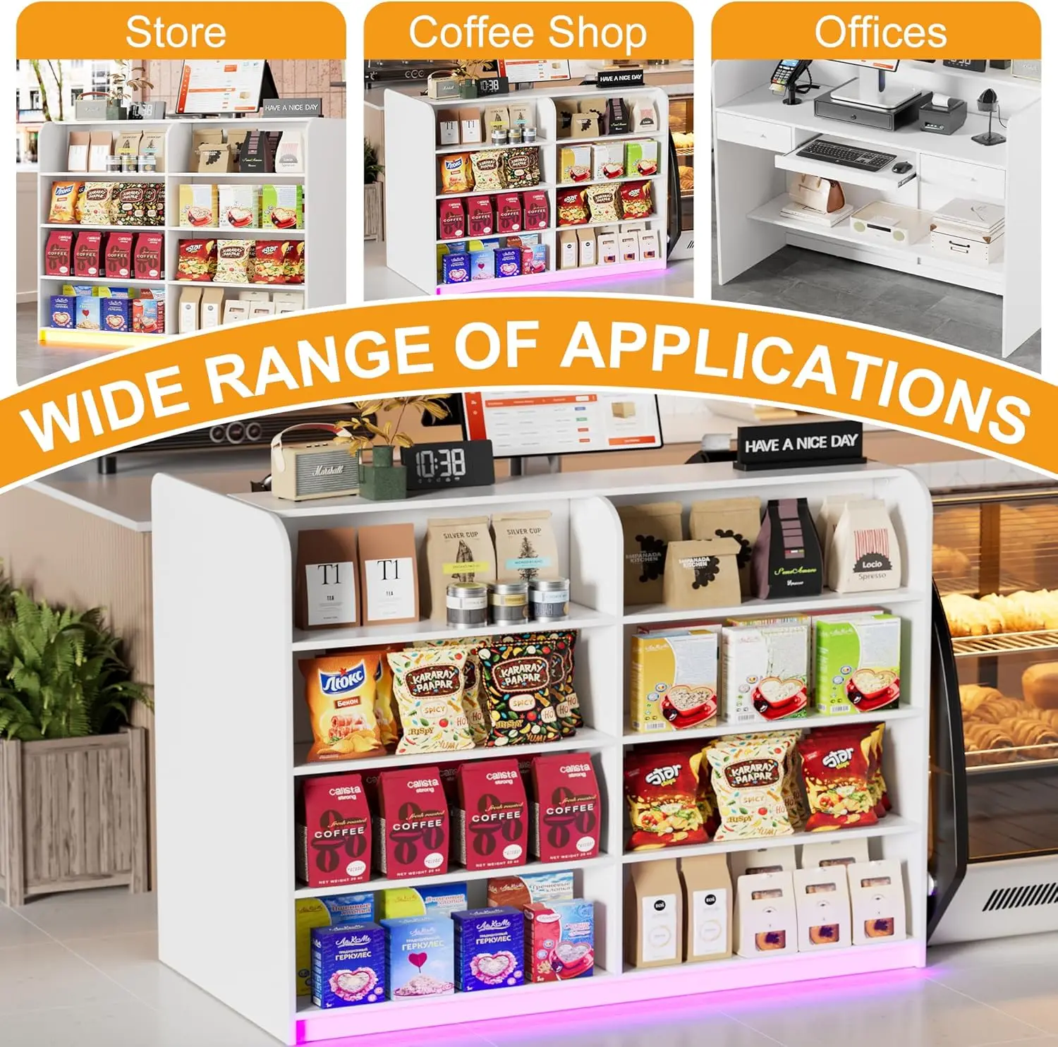 مكتب استقبال مع عداد للبيع بالتجزئة والخروج، وعداد استقبال أمامي حديث مع أضواء LED وأدراج وأرفف مفتوحة