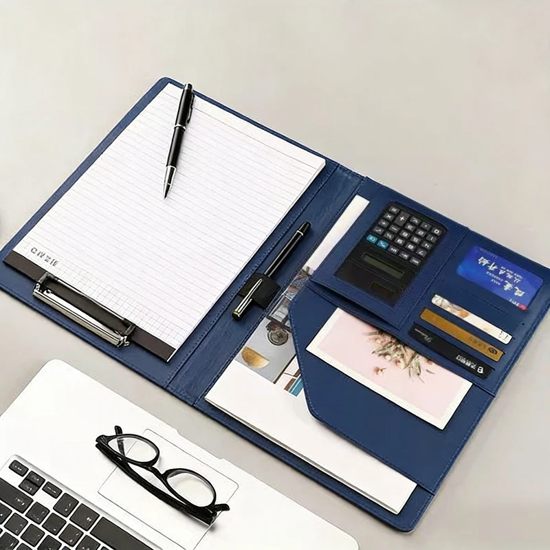 1Pc Texture PU Leather Multi-Functional Folder A4 Clip Pen Holder Card Slots - Business Office Meeting Organizer for Bank/Sales