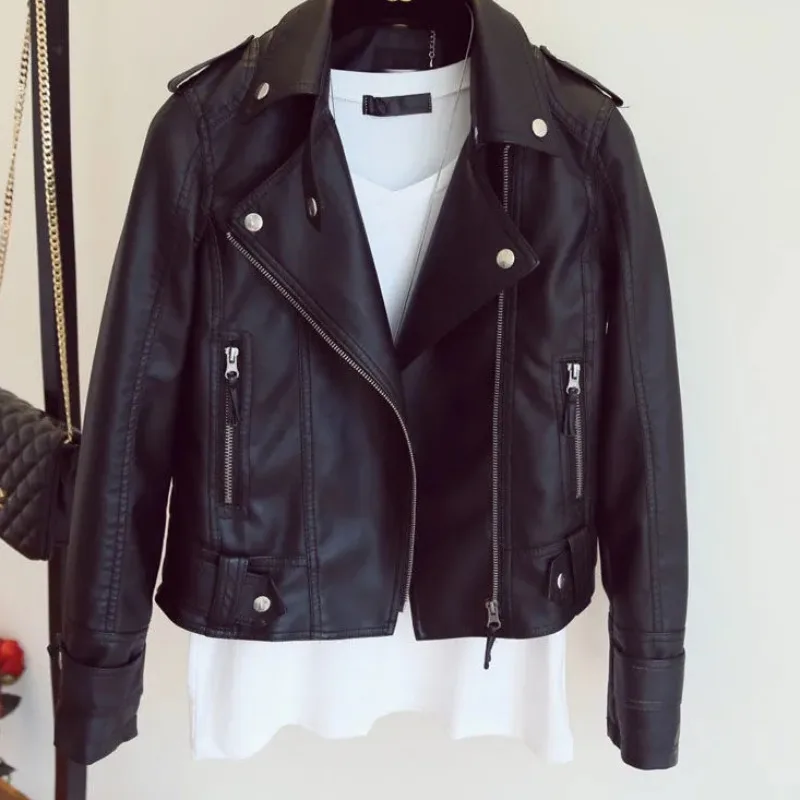 Faionable المرأة عادية بولي Leather الجلود Jaet 2025 ربيع الخريف سليم صالح تنوعا دراجة نارية Sle ort معطف ملابس خارجية