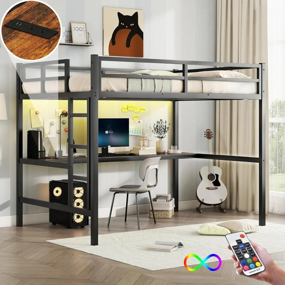 

Loft Bed with L Shaped Desk and USB,Metal Full Size Loft Bed with LED (Black Full Size 77.6in Length)