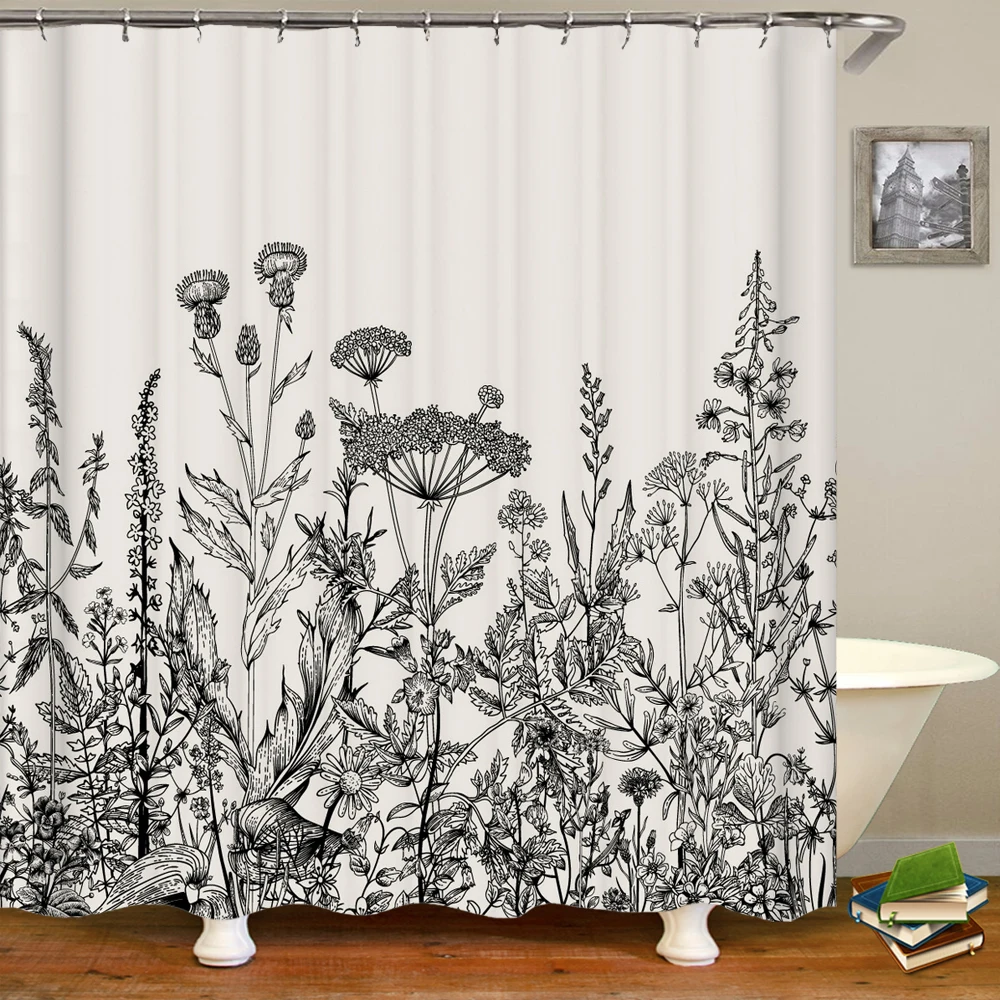 Retro Flower Plant White Shower Curtain Home Decor Bathroom Accessories Waterproof Polyester Fabric Bath Curtain Cortina De Baño