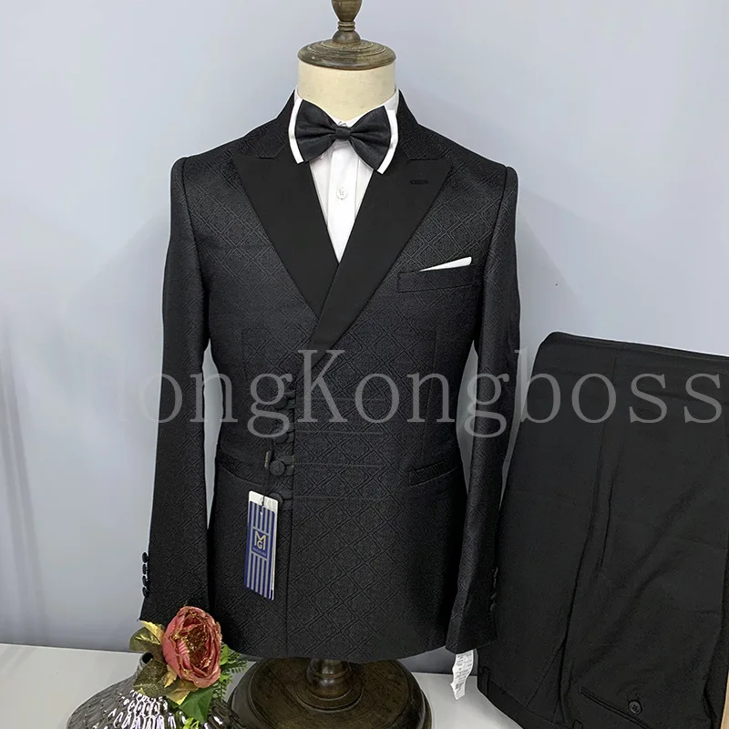 SOLOVEDRESS Men's Suit Black Double Breasted Slim Jacquard Prom Dress Party Travel Blazer + Pants