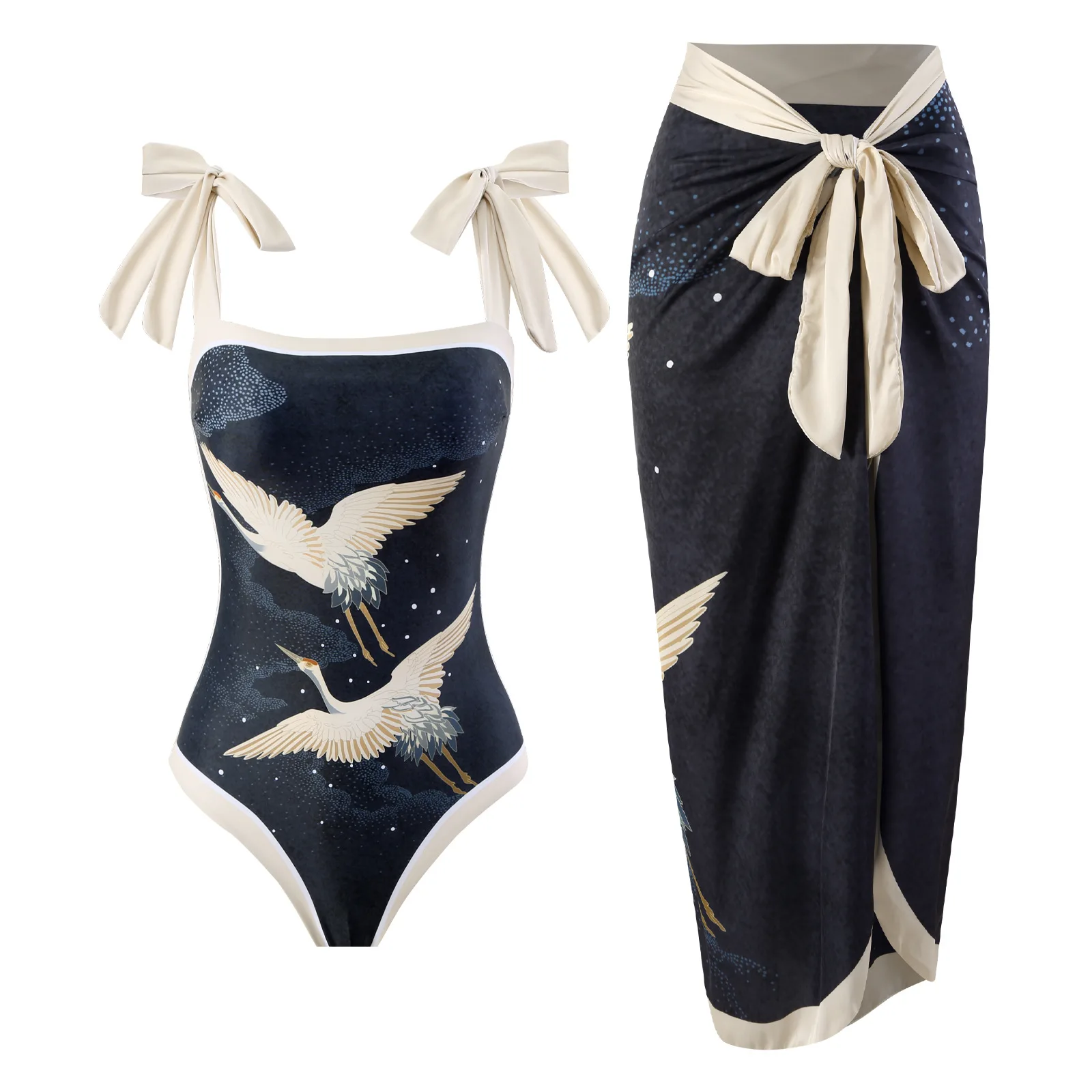 2024 European and American one-piece swimsuit women retro dark flying crane sexy beach hot spring gauze dress two-piece swimsuit