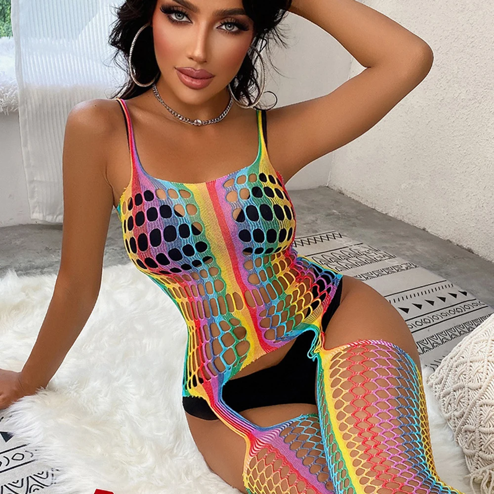 Bas de corps en résille arc-en-ciel, Lingerie érotique, entrejambe ouvert, sous-vêtements à bretelles pour femmes, nuisette en maille, attrayant serré