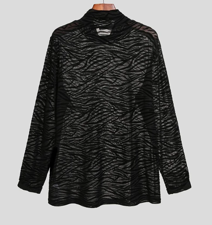 Summer thin fashionable men's zebra print stretch inner bottoming shirt men's see-through tight high collar long-sleeved T-shirt