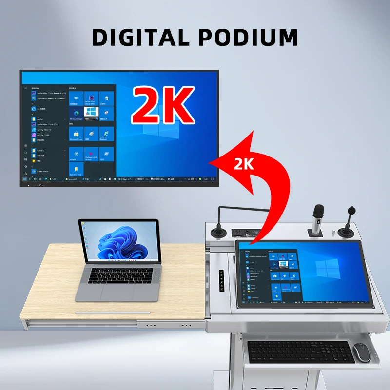 Metal Touch Screen Podium Audio Lectern With 2 Gooseneck Mics Electronic Educational Amplifier Speaker Powered Smart Podium