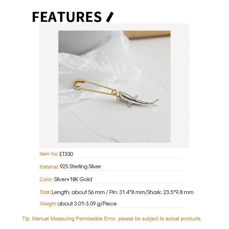 F.I.N.S 1 PC Korean 925 Sterling Silver Earring One Piece Single Shark Safe Pin Drop Earrings Personality Pendientes Plata 925