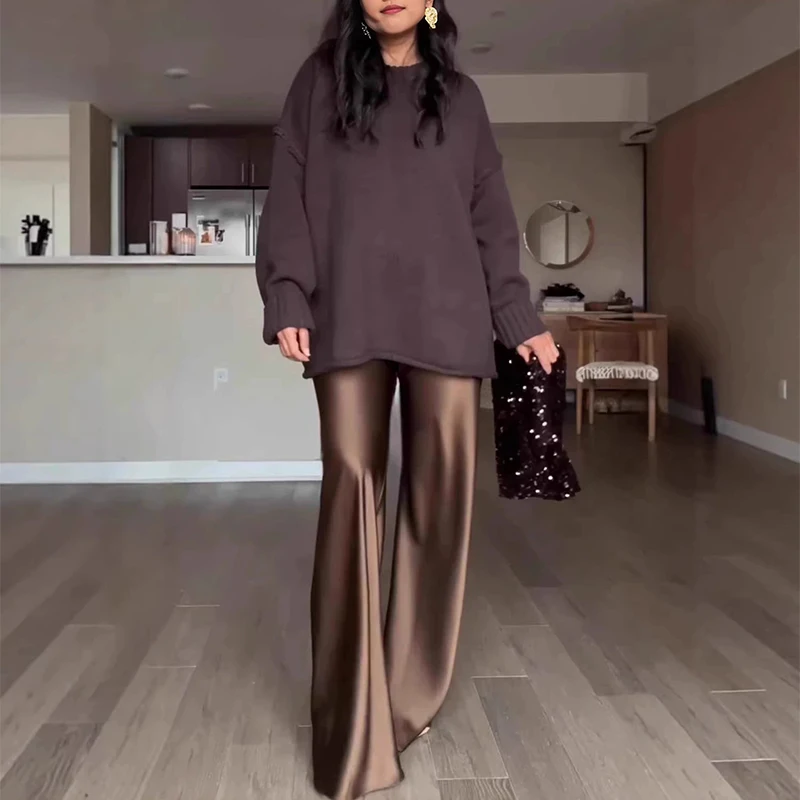 Spring New Elegant Loose Suit Office Ladies Fashion Straight Outfit Women's O-neck Long Sleeved Sweater and Pants Two Piece Set