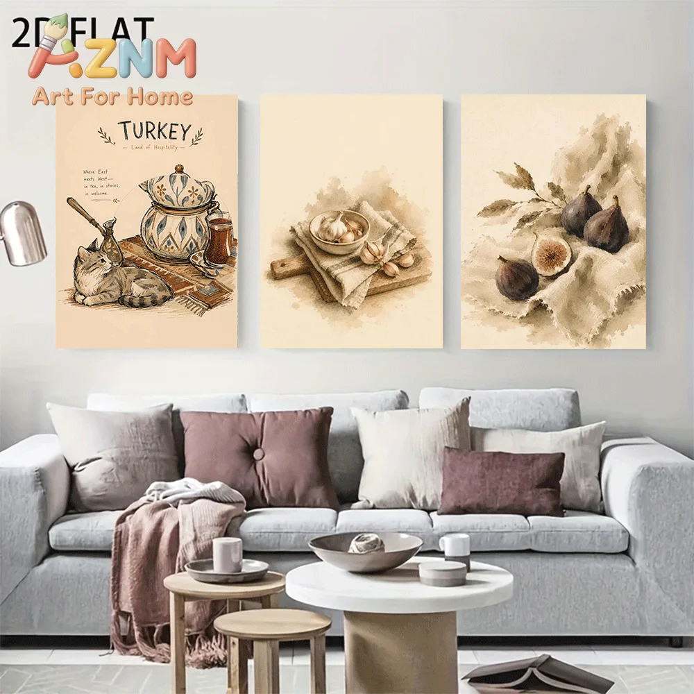 AZNM Frameless Canvas Wall Art, Vintage Watercolor Kitchen Food Print, Cat Teapot Garlic Fig Fruit Art Poster for Dining Room Ki
