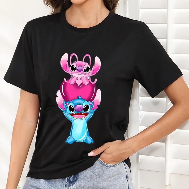 

Custom Clothes Trends Custom Disney Mickey Printed Cotton Y2k Trends 2025 Ladies Woman Clothing Black t-Shirt Short Sleeve Top