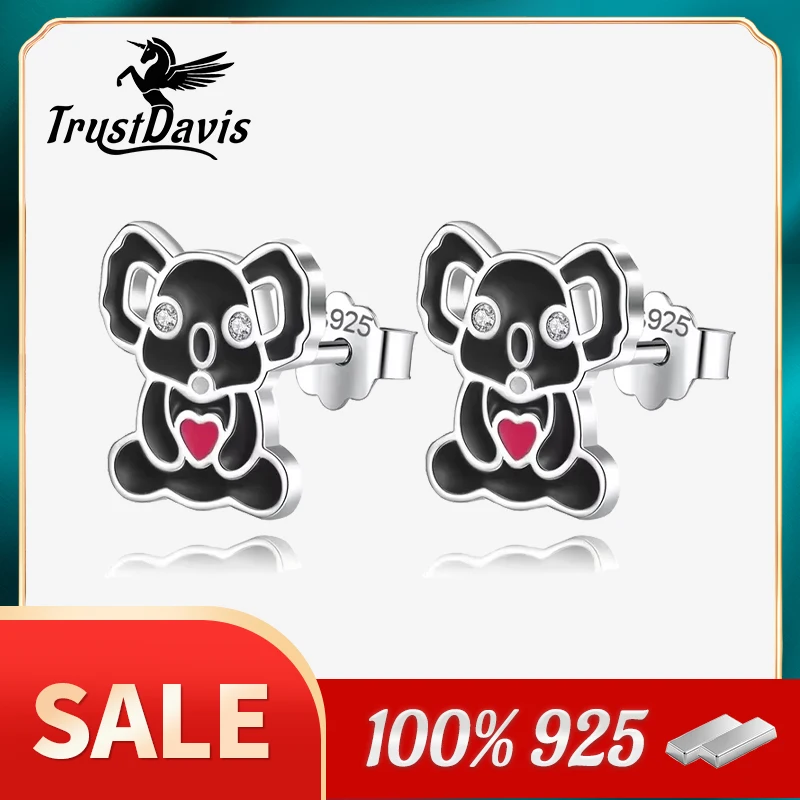 

TrustDavis Real 925 Sterling Silver Stud Earrings For Women Office Lady Sweet Glaze Koala 925 Silver Earring Jewelry Gift DK022