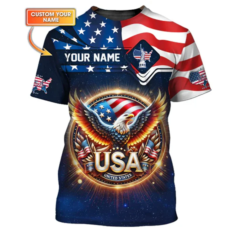 الفخر الأمريكي مخصص اسم تي شيرت موضة الاتجاه الشارع Crewneck تي شيرت الاتجاه ثلاثية الأبعاد طباعة الولايات المتحدة العلم خريطة موضة الرجال المحملة