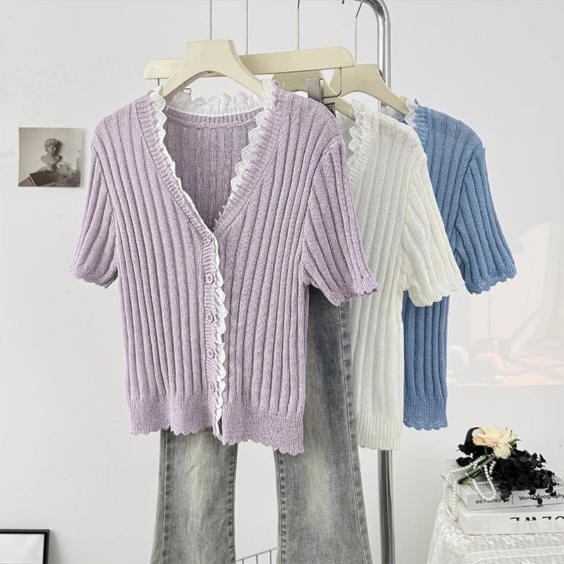 

Chic Lace Splicing V-Neck Knitted T-Shirt for Women 2025 Summer Fashion Single Breasted Short Sleeve Tees Ladies Sweet Slim Tops