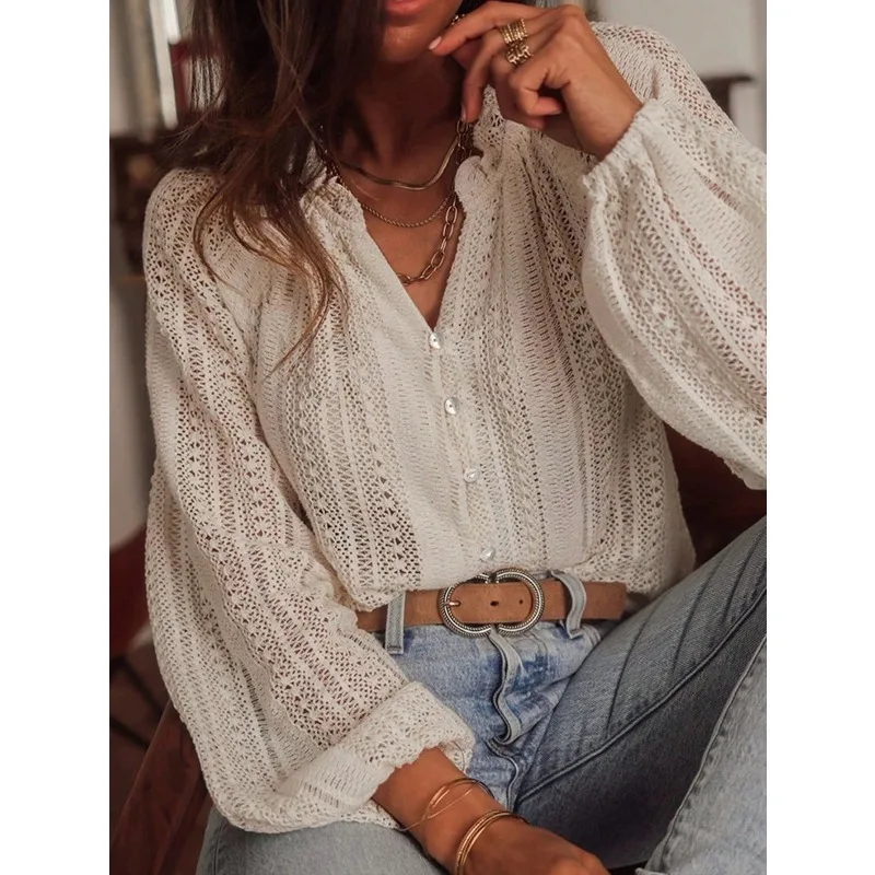 

2026 Spring and Summer Loose Fashion Hollow Lace V-neck Single-breasted Long-sleeved Shirt