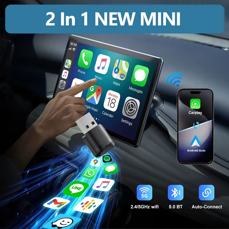 

Новый беспроводной адаптер 2-в-1 Mini CarPlay Android Auto: USB-донгл для преобразования проводного подключения в беспроводное для Audi, Toyota, VW, Peugeot, MG, Ford
