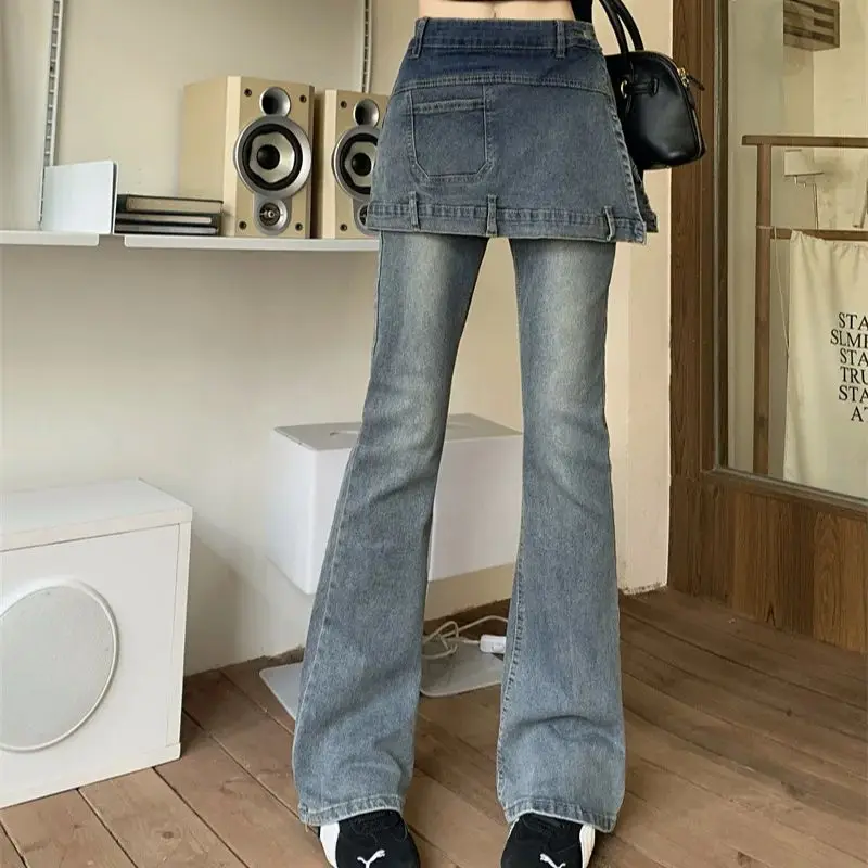 

Американские ретро уличные горячие девушки, имитация двух частей, облегающие и тонкие бедра, модные джинсовые слегка расклешенные брюки