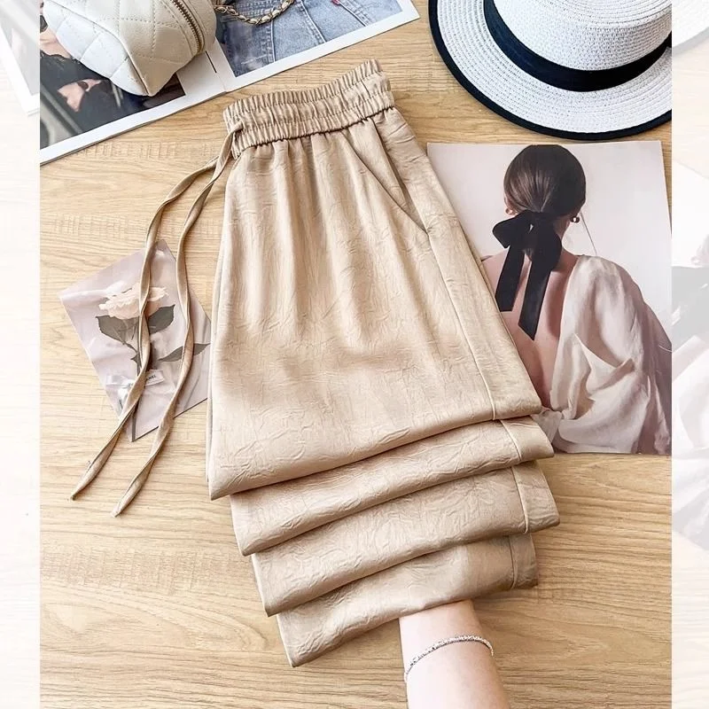 

High Waist Silk Wide Leg Pants Women's Summer Satin Ice Silk Straight Cut Comfortable Fashion Casual Trousers Commute Style