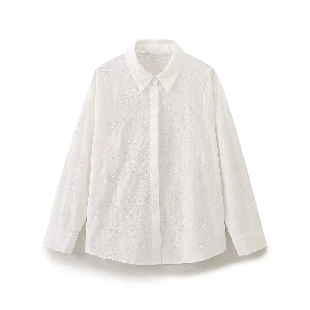 Tangada Women White Embroidery Cotton Shirt Long Sleeve 2024 Female Vintage Blouse Tops 6H0267