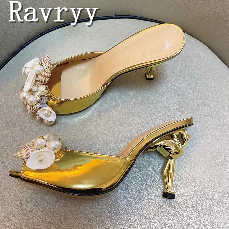 

Luxury Golden Flamingo High Heel Slippers Women New Peep Toe Pearl Shell Decor Sandals Wedding Party Dress Shoes
