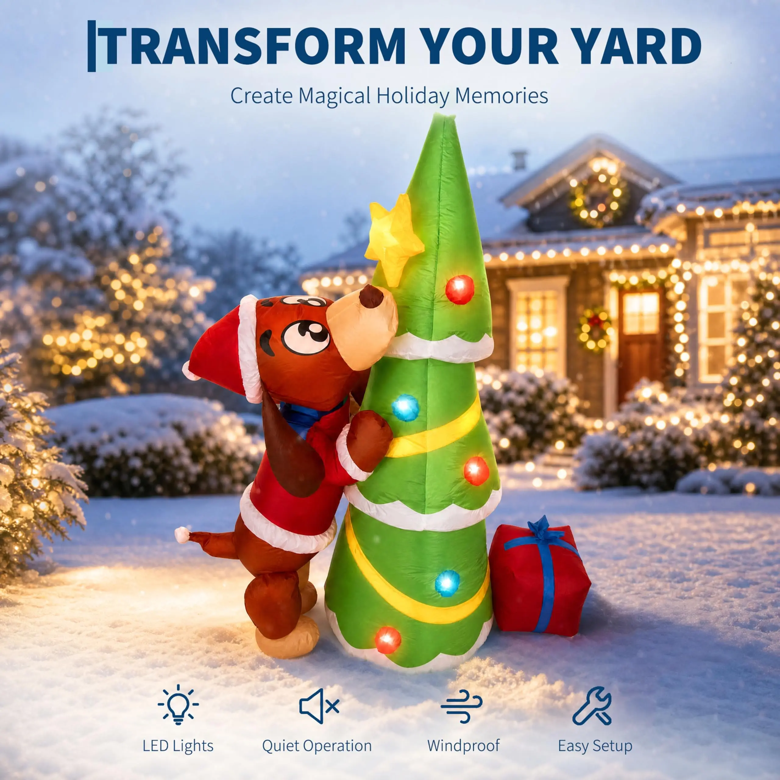 7ft 210cm Giant Inflatable Christmas Dog With Tree LED Lights Outdoor Yard Decoration Blow Up Holiday Party Lawn Prop Xmas Ornament Winter Festival Display Exterior Garden Inflatables Big Event Home Outside Landscape New Year Figure Toys For Kids