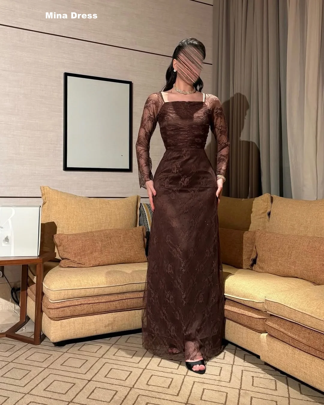 Mina Customized Brown Formal & Evening Gowns Embroidered Long Sleeves Luxury Women's Elegant Party Dress Blue Round Neck Dresses