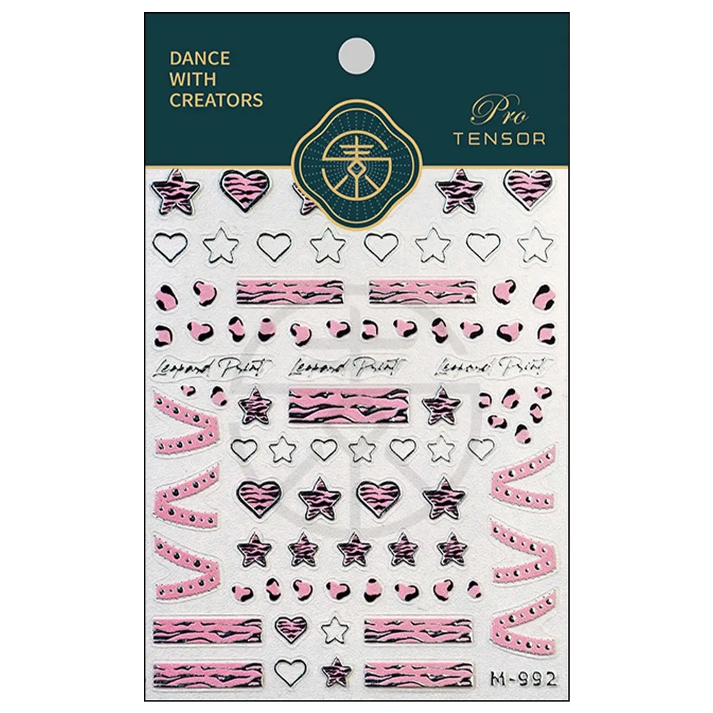 Naklejki na paznokcie 5D Różowy Leopard Hot Stamping Srebrne Serduszka Gwiazdki Koronka Kokardka Wstążka Manicure Sliders
