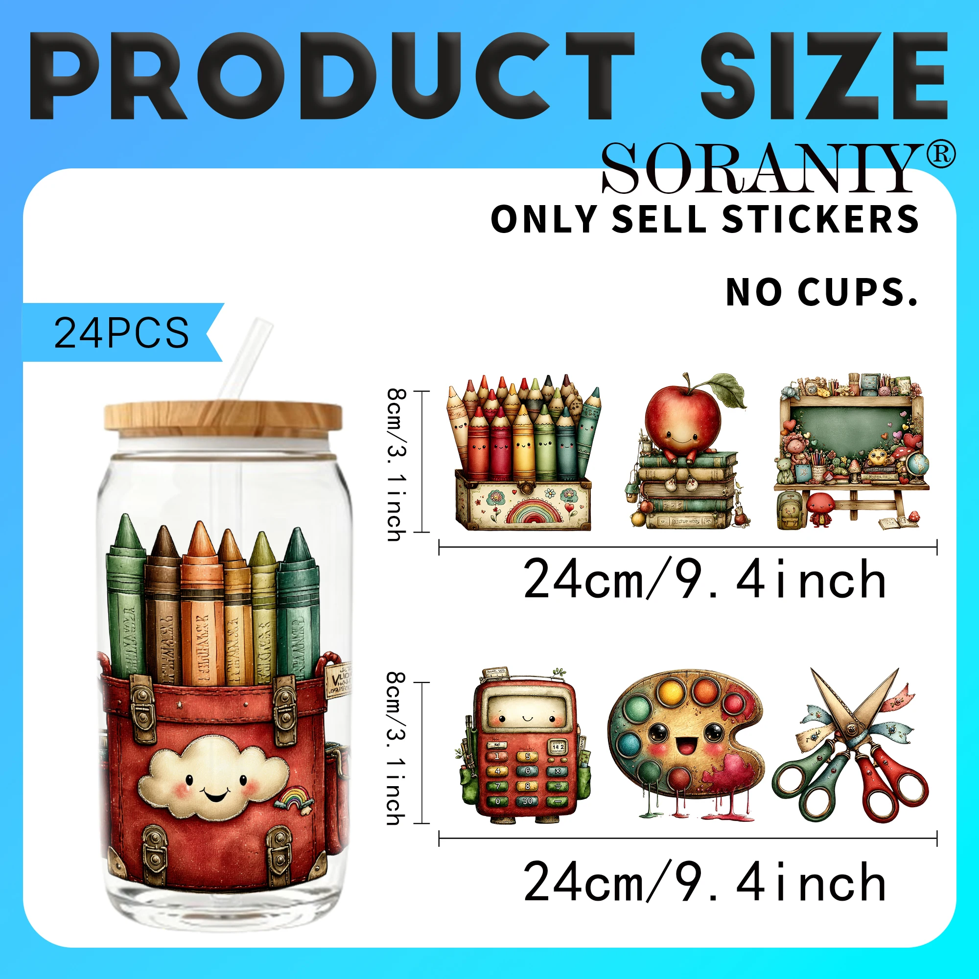 24PCS/Set Whimsical Back To School  Themed UV DTF 16OZ DIY Transfer Paper Set Golden Text Used For 16oz Water Bottles Glass