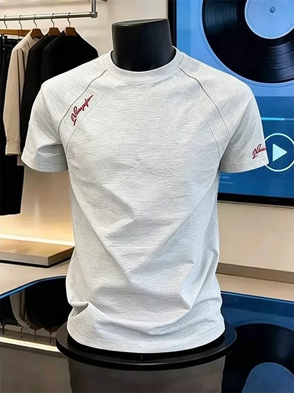 Men's Short Sleeve T-Shirt Embroidered Patchwork Shoulder Stitching Summer Casual Loose Fit round Neck Breathable Comfortable