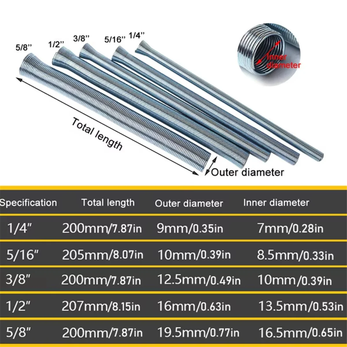 A45I 5pcs Premium Outside Style Spring Copper Tube Benders Internal Folding Bending Line Pipe for O.D. 1/4in to 5/8in Pipes