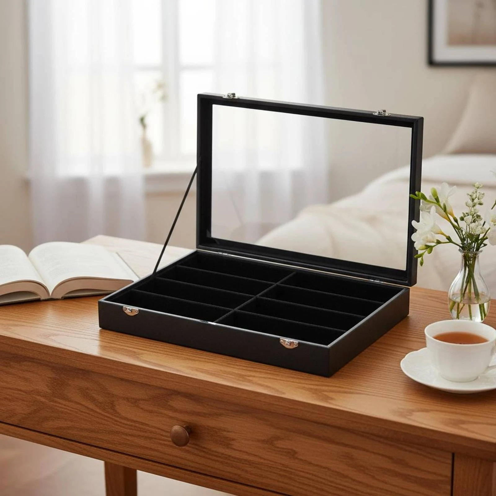 

8 Compartment Eyewear Case Velvet Velvet-Lined 8-Slot Glasses Box Sunglasses Storage Box Dustproof Leather Glasses Case Clear