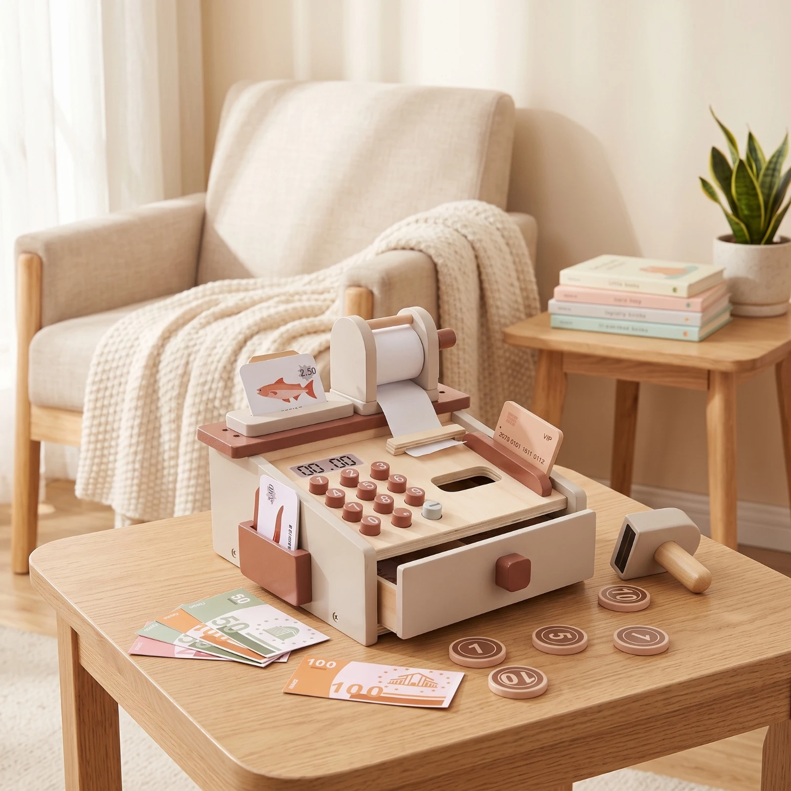 Wooden Currency Register Toy Imaginative Play Currency Register with Scanner Cashier Toy Tabletop Non for Children, Playroom