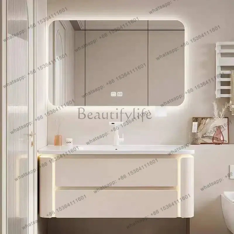 Oak bathroom cabinet ceramic integrated basin cream wind washbasin cabinet combination
